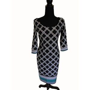White House Black Market Dress Size 0 Black White Green Diamond Sheath Lined